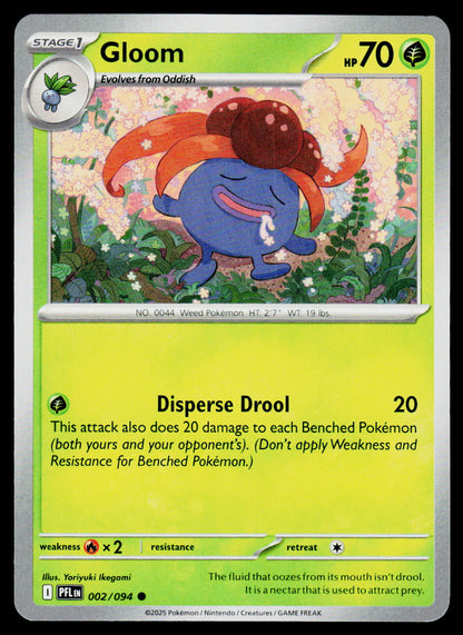 A vintage Pokémon trading card featuring the Gloom character, with a bright yellow-green background, illustrated artwork of a blue flower-like creature with orange leaves, and game text details.