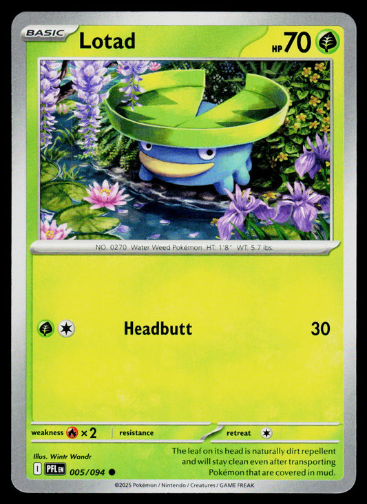 A vintage Pokémon trading card of the character Lotad, showing its classic bright yellow-green color scheme, water lily illustration, and 'Headbutt' attack text.