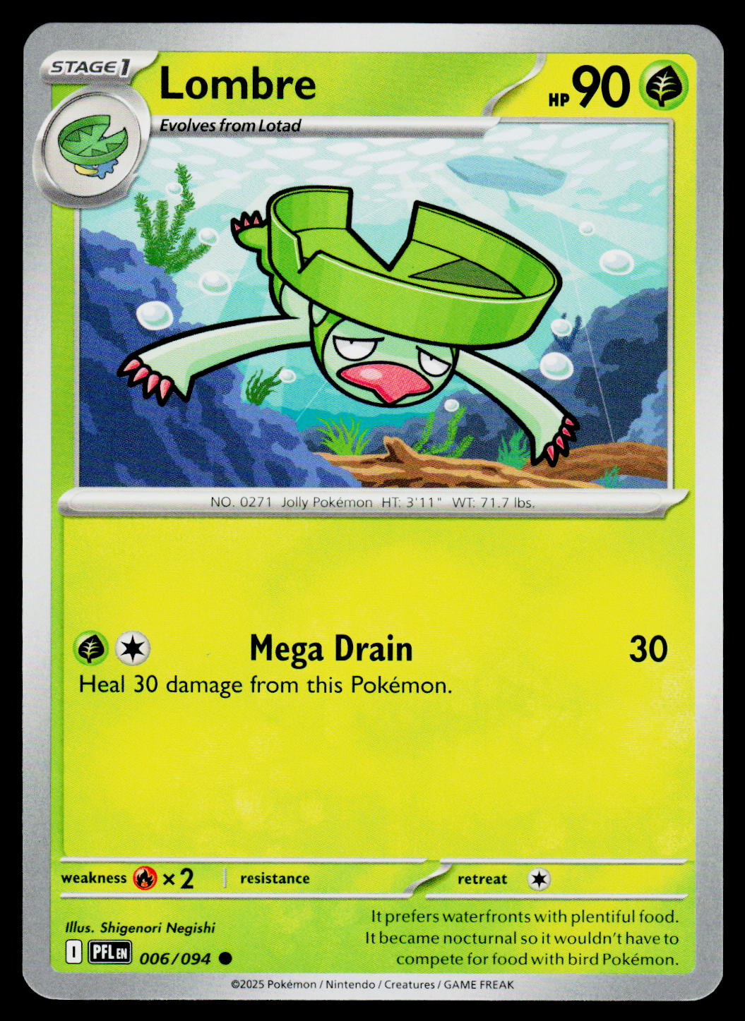 A single Pokémon trading card featuring the character Lombre, a Stage 1 Mega Drain evoker. The card has a bright yellow-green background, a central illustration of Lombre in a green leaf-like hat, and black border details.