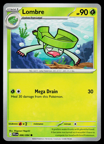 A single Pokémon trading card featuring the character Lombre, a Stage 1 Mega Drain evoker. The card has a bright yellow-green background, a central illustration of Lombre in a green leaf-like hat, and black border details.