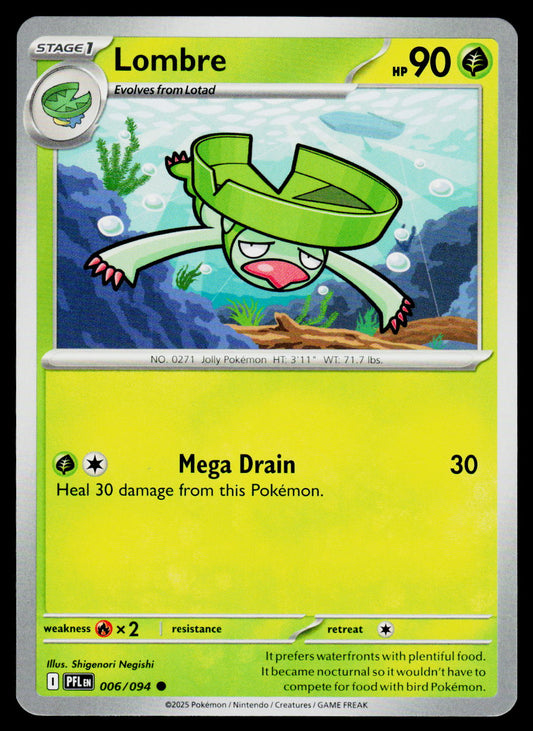 A single Pokémon trading card featuring the character Lombre, a Stage 1 Mega Drain evoker. The card has a bright yellow-green background, a central illustration of Lombre in a green leaf-like hat, and black border details.