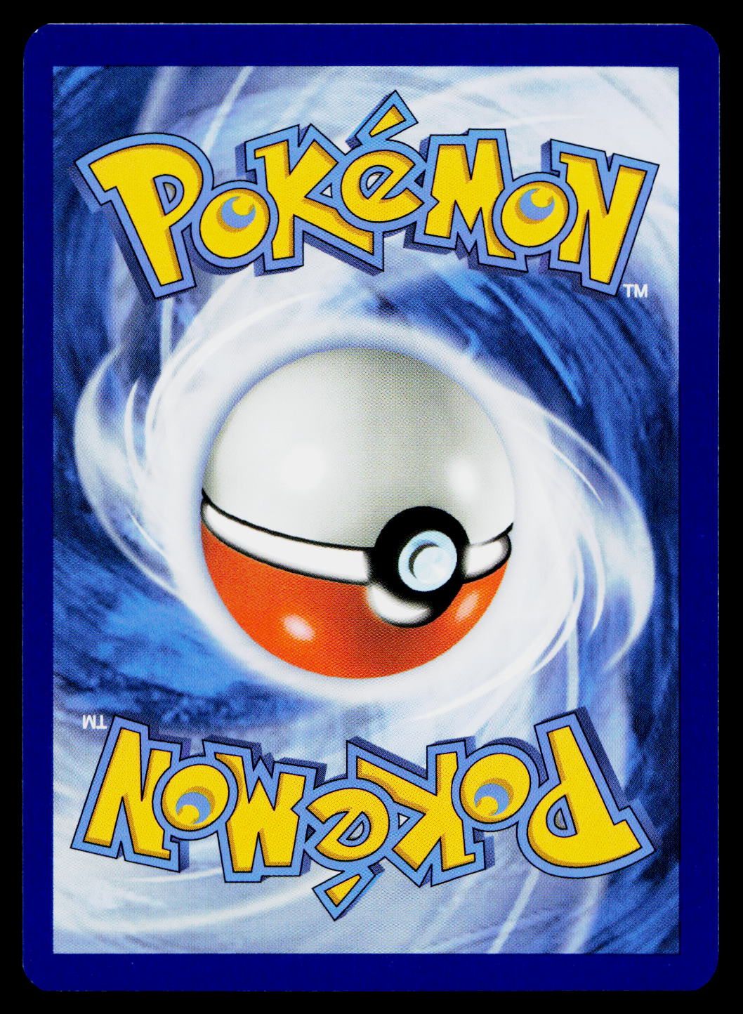 A Pokémon card back featuring the yellow Pokémon logo at the top and mirrored logo at the bottom, with a white and orange Pokémon ball centered over a blue swirling background.
