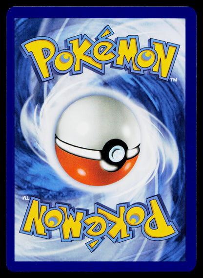 A Pokémon card back featuring the yellow Pokémon logo at the top and mirrored logo at the bottom, with a white and orange Pokémon ball centered over a blue swirling background.