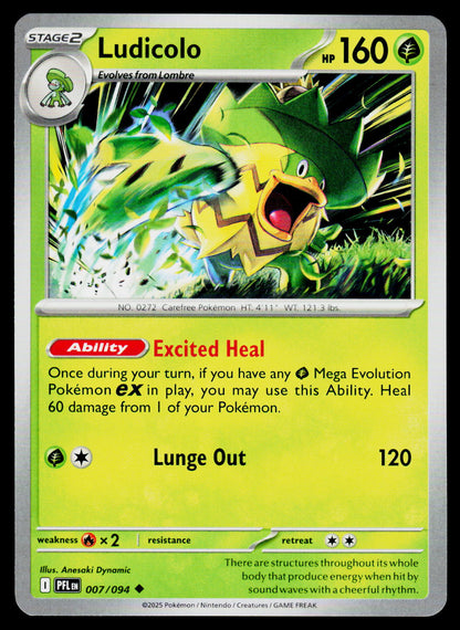 A Pokémon trading card featuring Ludicolo from the Platinum TCG, with a bright yellow-green background, artwork of the character in a grassy scene, and text showing HP 160 and the move Lunge Out.