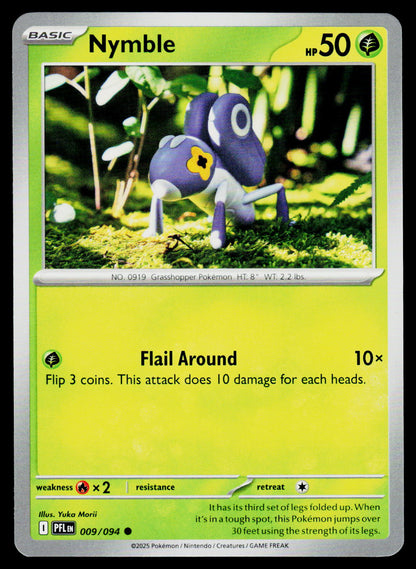 A Pokémon trading card for Nymble, showing the character in a grassy scene with a bright yellow-green card face and Pokémon branding at the top.
