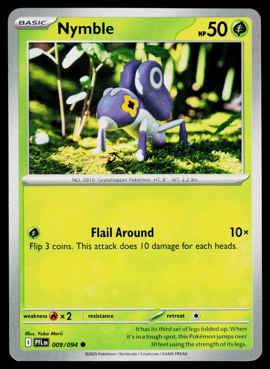 A Pokémon trading card for Nymble, showing the character in a grassy scene with a bright yellow-green card face and Pokémon branding at the top.