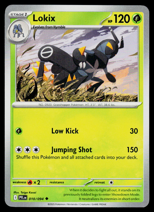 A Pokémon trading card featuring the character Lokix, Stage 1, with a bright yellow-green background, attack text, and artwork of the insect-like creature in the center.