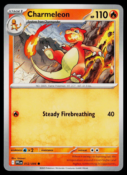 A Charmander trading card featuring the character Charmeleon, with a red and orange body, yellow belly, and fiery illustration on a beige background. The card includes stats, weakness and resistance bars, and a Pokémon logo in the bottom-left corner.