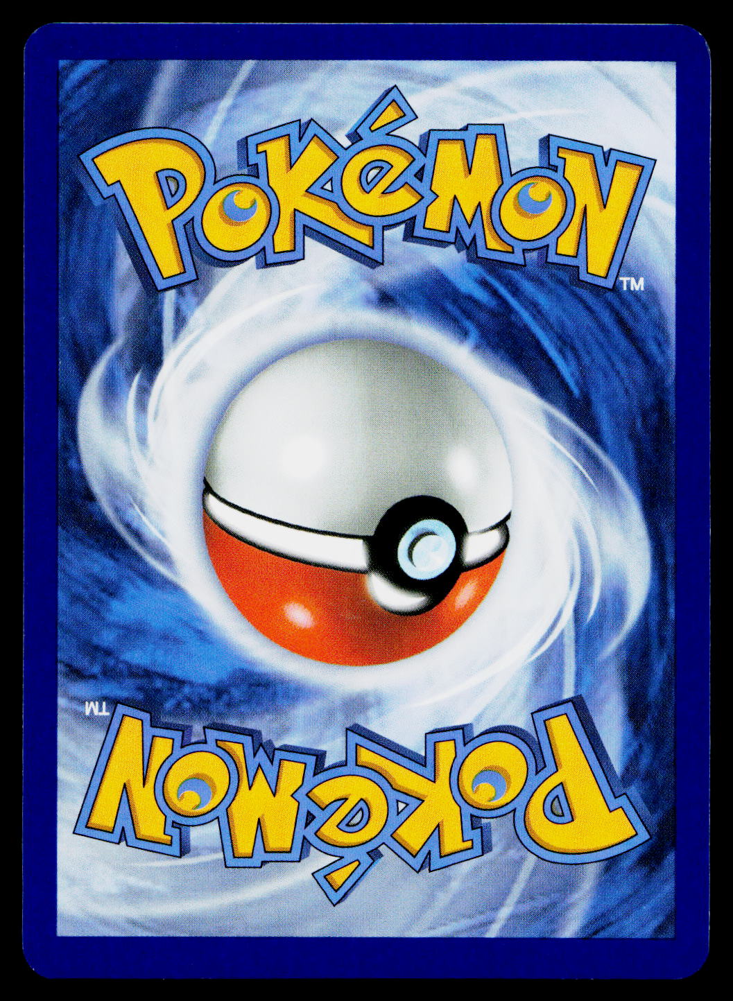 A Pokémon card back or insert featuring the yellow Pokémon logo at the top and mirrored logo at the bottom, with a white and red Pokémon Ball centered over a blue swirling background.