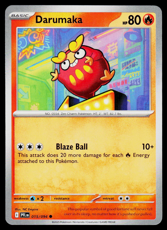 A single Pokémon trading card for Darumaka, shown straight-on against a dark background. The card is orange and yellow with a central illustration of the red creature and text for the Blaze Ball attack and 80 HP.