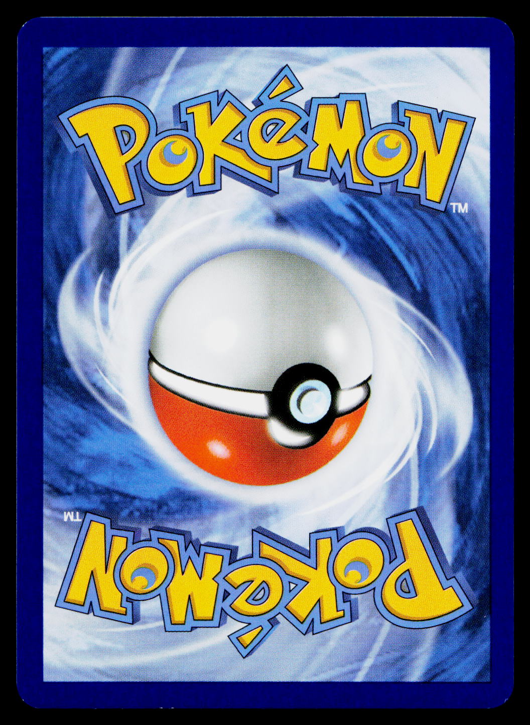 A Pokémon card back featuring the yellow Pokémon logo at the top and mirrored logo at the bottom, with a white and red ball centered on a swirling blue background.