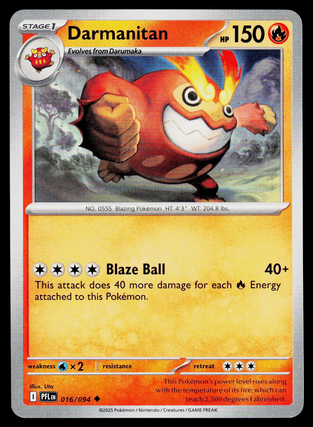 A collectible Pokémon trading card featuring Darmanitan, a Stage 1 Fire-type Pokémon. The card has a red and orange border, a yellow battle damage area, and artwork of the character flying forward with flames on its head.