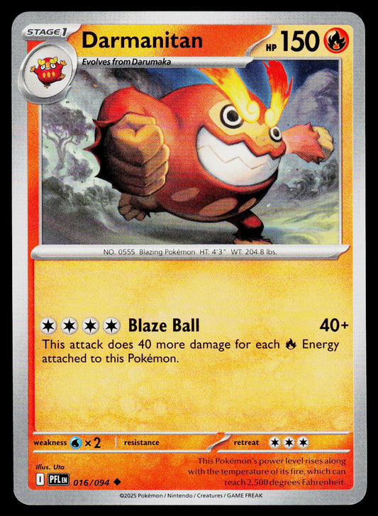 A collectible Pokémon trading card featuring Darmanitan, a Stage 1 Fire-type Pokémon. The card has a red and orange border, a yellow battle damage area, and artwork of the character flying forward with flames on its head.