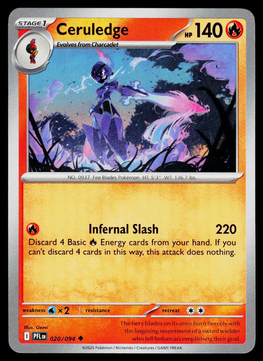 A single Pokémon trading card for Ceruledge, a Stage 1 Fire-type evolver from Charcadite. The card features a purple and blue illustration of the character in a forest, with a yellow-orange HP bar and a red-orange border.