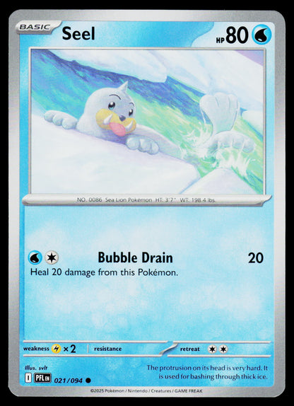 A single Pokémon trading card featuring Seel, a water-type creature. The card has a light blue gradient background, the Seel illustration in the center, and text showing 'Seel', 'hp 80', and the move 'Bubble Drain'.