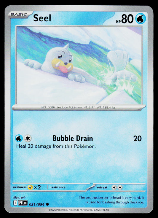 A single Pokémon trading card featuring Seel, a water-type creature. The card has a light blue gradient background, the Seel illustration in the center, and text showing 'Seel', 'hp 80', and the move 'Bubble Drain'.