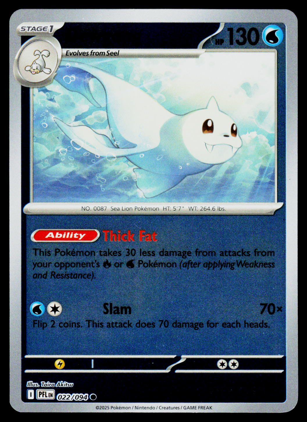 A single Pokémon trading card featuring the Sealed Water type character Thick Fat. The card has a dark blue border, a central illustration of the character swimming in water, and text detailing its 'Thick Fat' ability and 'Slam' attack.