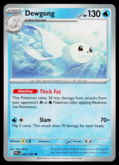 A single Pokémon trading card featuring Dewgong, a Stage 1 water-type Pokémon with 130 HP. The card has a light blue background, an illustration of the white dolphin-like creature in the upper half, and text detailing its 'Thick Fat' ability and 'Slam' attack.