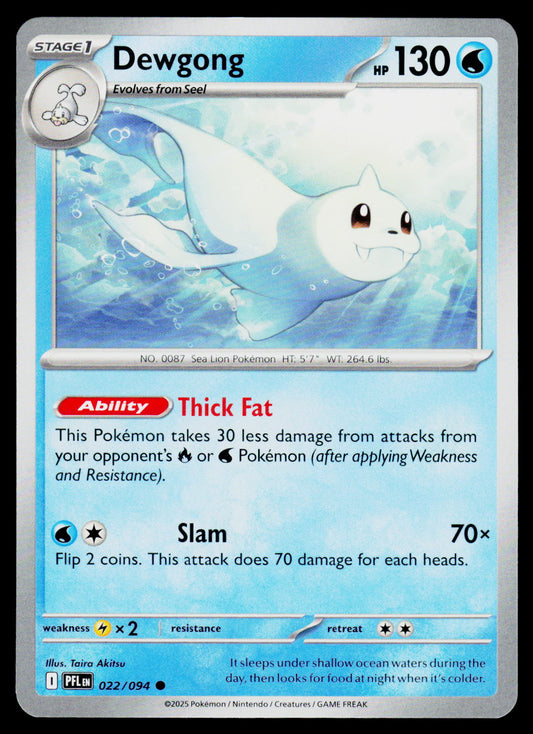 A single Pokémon trading card featuring Dewgong, a Stage 1 water-type Pokémon with 130 HP. The card has a light blue background, an illustration of the white dolphin-like creature in the upper half, and text detailing its 'Thick Fat' ability and 'Slam' attack.