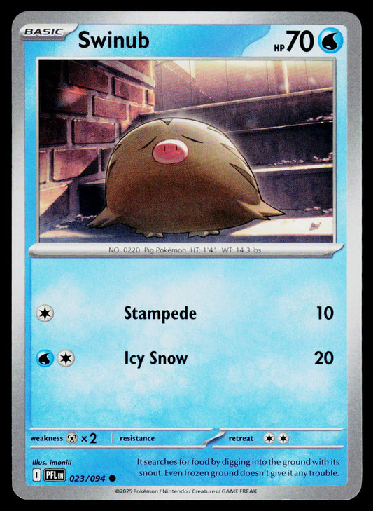 A single Pokémon trading card featuring the character Swinub. The card has a light blue border, the Pokémon logo in the top-left, the name Swinub at the top, a central illustration of the creature, and move text including Stampede and Icy Snow with HP values.