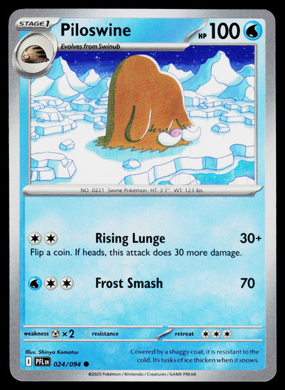 A Pokémon trading card featuring the character Piloswine, with a blue icy background, a brown animal illustration, and printed text including 'Piloswine', 'HP 100', and attack names 'Rising Lunge' and 'Frost Smash'.