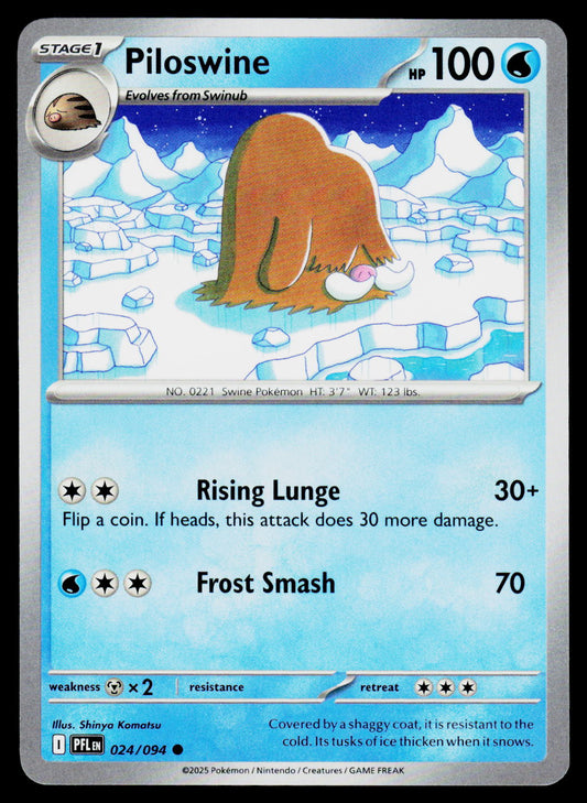 A Pokémon trading card featuring the character Piloswine, with a blue icy background, a brown animal illustration, and printed text including 'Piloswine', 'HP 100', and attack names 'Rising Lunge' and 'Frost Smash'.