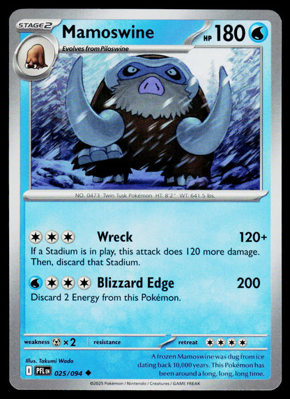 A single Pokémon trading card featuring Mamoswine, a Stage 2 evolver. The card has a light blue gradient background with black text, a silver border, and an illustration of the creature in the center.
