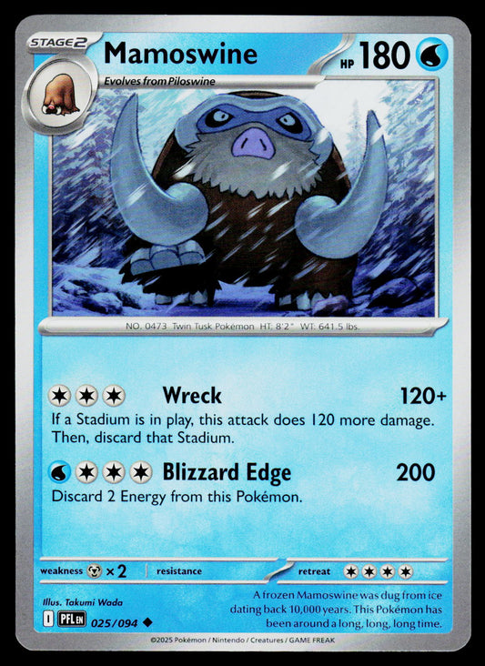 A single Pokémon trading card featuring Mamoswine, a Stage 2 evolver. The card has a light blue gradient background with black text, a silver border, and an illustration of the creature in the center.