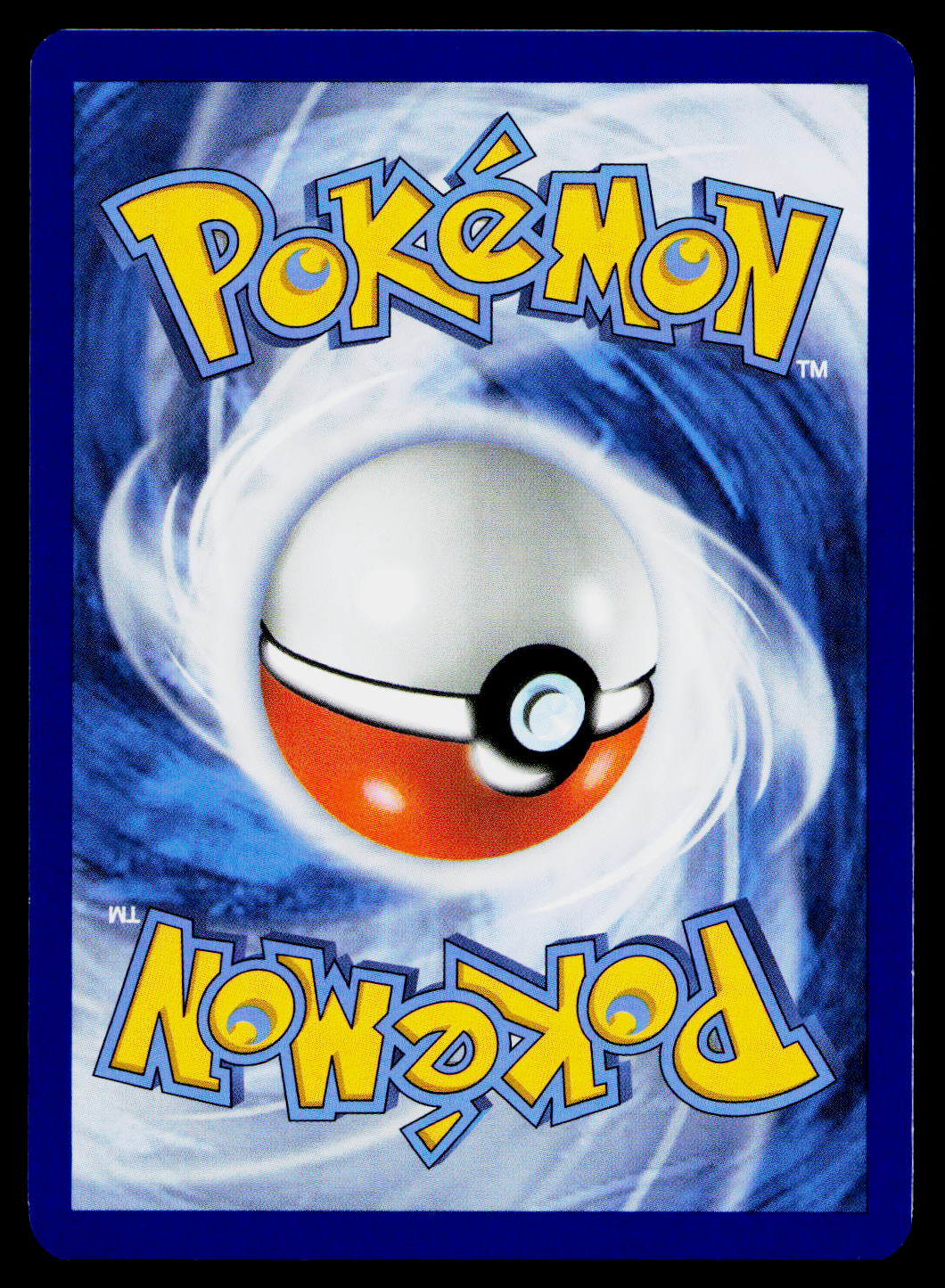 A Pokémon card back or insert featuring the yellow Pokémon logo at the top and bottom, a white and red Pokémon ball in the center, and a blue swirling background.