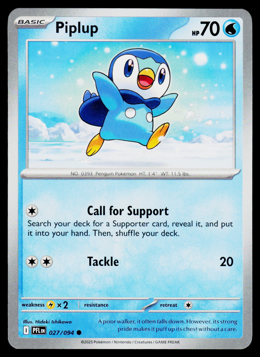 A single Pokémon trading card featuring Piplup from the Basic set. The card has a light blue gradient background with the Piplup character shown in a snowy scene at the top, and the card text 'Call for Support' and 'Tackle' below.