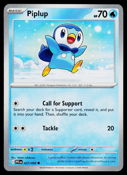 A single Pokémon trading card featuring Piplup from the Basic set. The card has a light blue gradient background with the Piplup character shown in a snowy scene at the top, and the card text 'Call for Support' and 'Tackle' below.