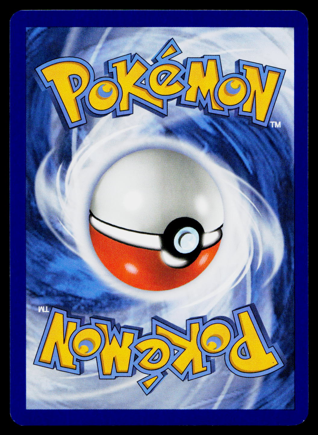 A Pokémon card back featuring the yellow and blue Pokémon logo at the top and bottom, with a large Pokéball centered over a swirling blue and white background.