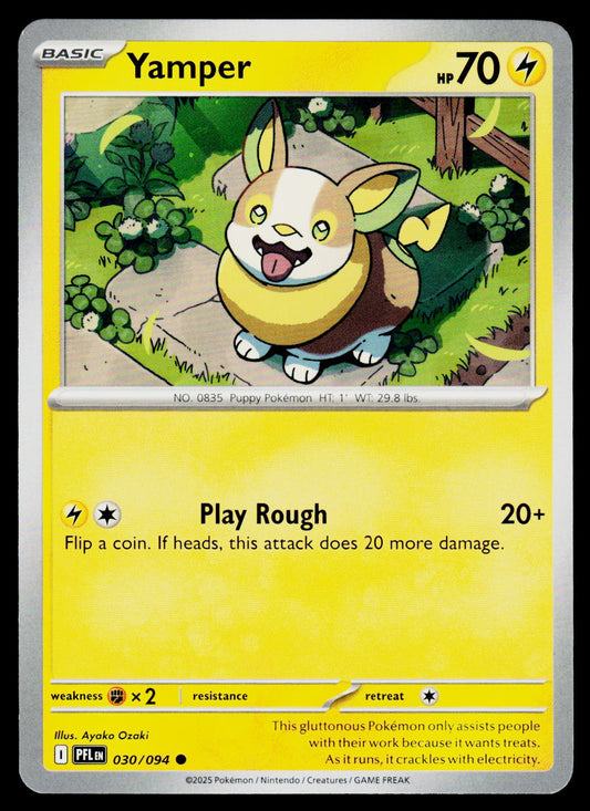 A Pokémon trading card featuring Yamper, a Puddy-type character. The card has a bright yellow lower half with attack text, a character illustration panel at the top, and a gray border around the card.
