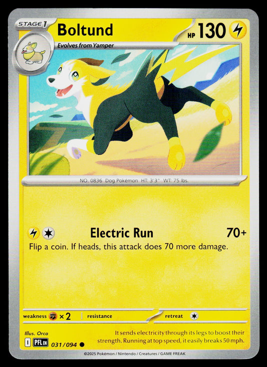 A single Pokémon trading card featuring Boltund, a Stage 1 Electric-type dog evolution. The card has a yellow lower half with the attack text 'Electric Run' and power '70+'.
