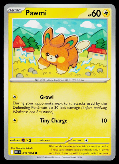 A single Pokémon trading card featuring Pawmi, a mouse-type character. The card has a yellow border, the character name Pawmi at the top, HP 60, and battle text including Growl and Tiny Charge.