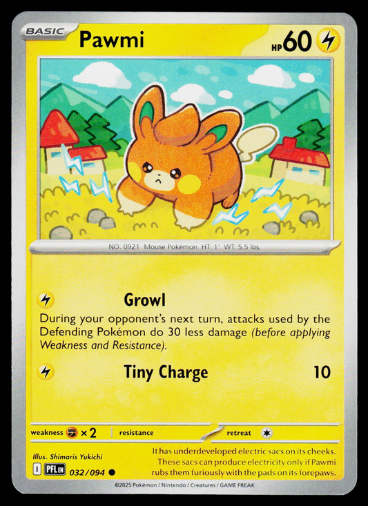 A single Pokémon trading card featuring Pawmi, a mouse-type character. The card has a yellow border, the character name Pawmi at the top, HP 60, and battle text including Growl and Tiny Charge.