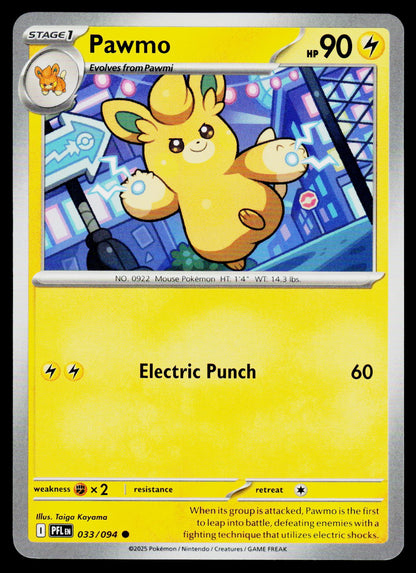 A Pokémon trading card featuring Pawmo, a Stage 1 electric-type creature. The card has a yellow lower half with the text 'Electric Punch 60', and a colorful illustration of Pawmo in the upper half with HP 90 and a Stage 1 badge.
