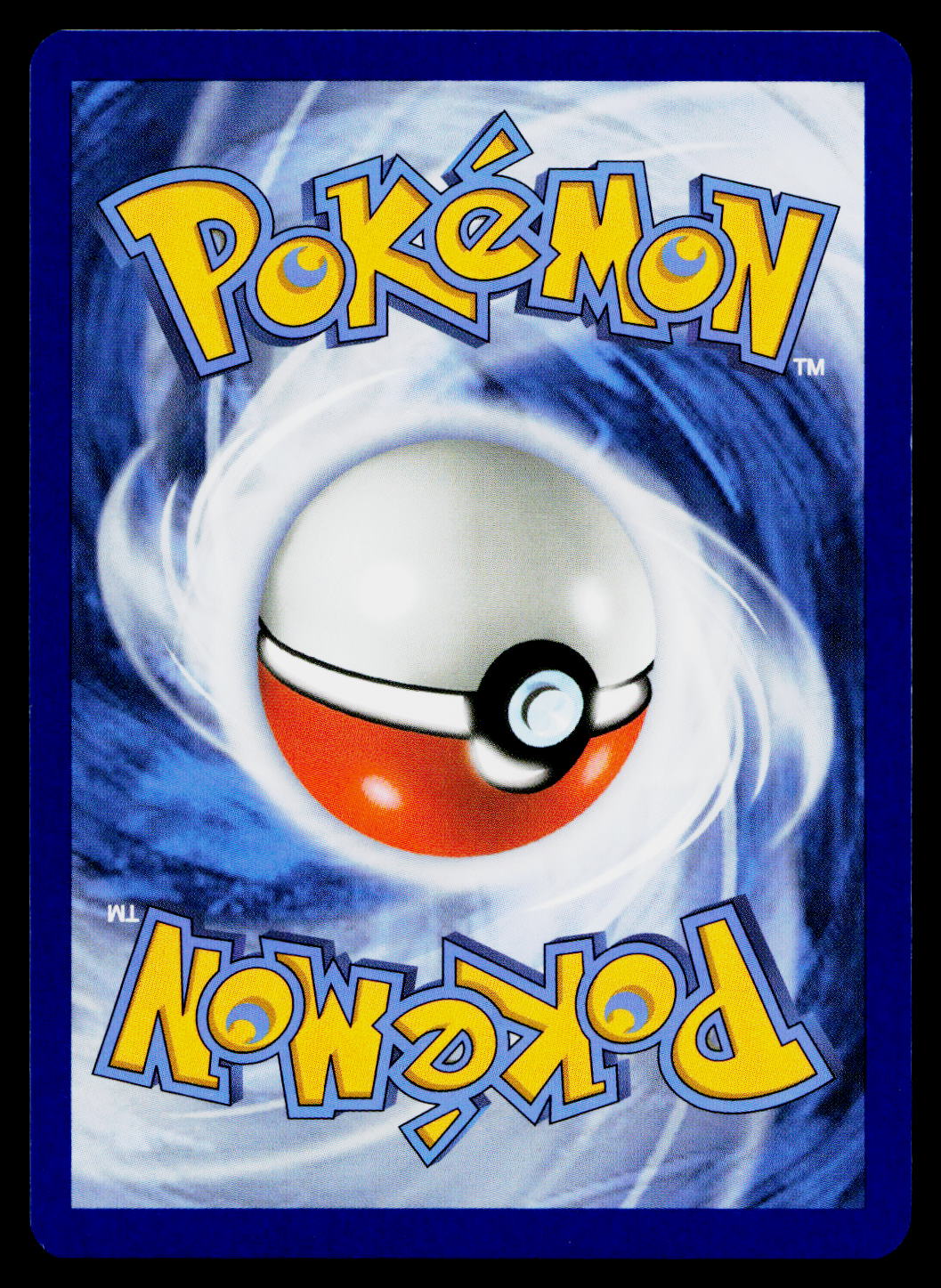 A Pokémon card back featuring the yellow and blue Pokémon logo at the top and mirrored logo at the bottom, with a large white and red Pokéball centered on a swirling blue background.