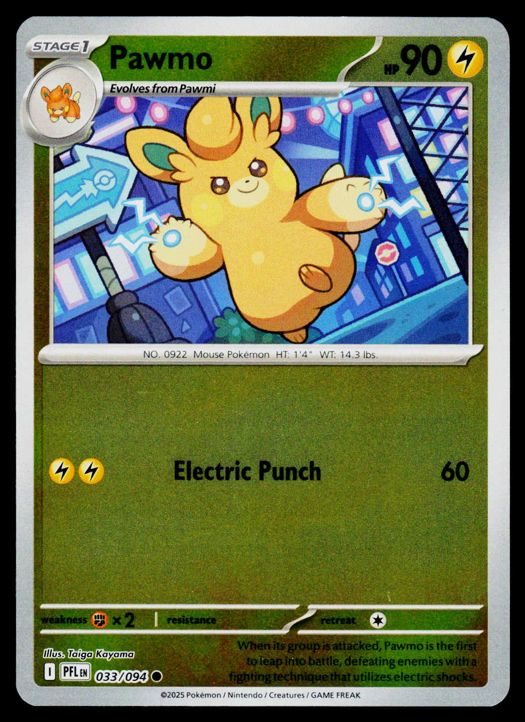 A single Pokémon trading card featuring the character Pawmo, with a green card border, yellow-orange character art, and visible text including 'Pawmo', 'Electric Punch', and '60'.