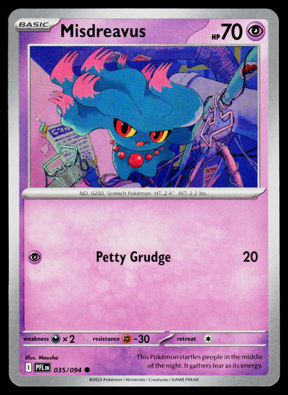 A Pokémon trading card featuring Misdreavus, a basic-level creature card with a pink and purple design, the name 'Petty Grudge' on the lower half, and artwork of a blue creature with pink hair in the top panel.