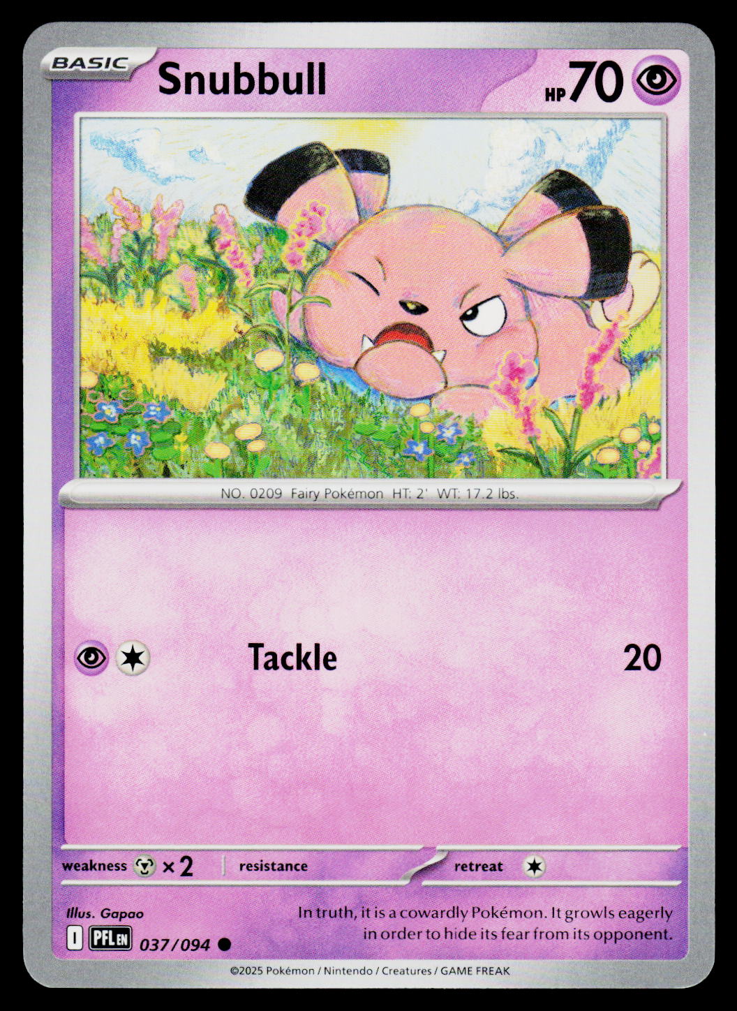 A single Pokémon trading card featuring the character Snubbull. The card has a pink and purple layout with the character artwork at the top, the name 'Snubbull' at the top left, 'hp 70' at the top right, and the 'Tackle' move details at the bottom.