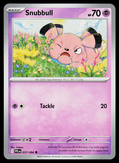 A single Pokémon trading card featuring the character Snubbull. The card has a pink and purple layout with the character artwork at the top, the name 'Snubbull' at the top left, 'hp 70' at the top right, and the 'Tackle' move details at the bottom.