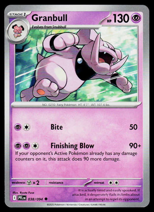 A single Pokémon trading card featuring Granbull, a Stage 1 evolver from Snubbull. The card has a pink and purple gradient background with character artwork of Granbull in the center, attack text including 'Bite' and 'Finishing Blow,' and a Pokémon logo at the bottom.