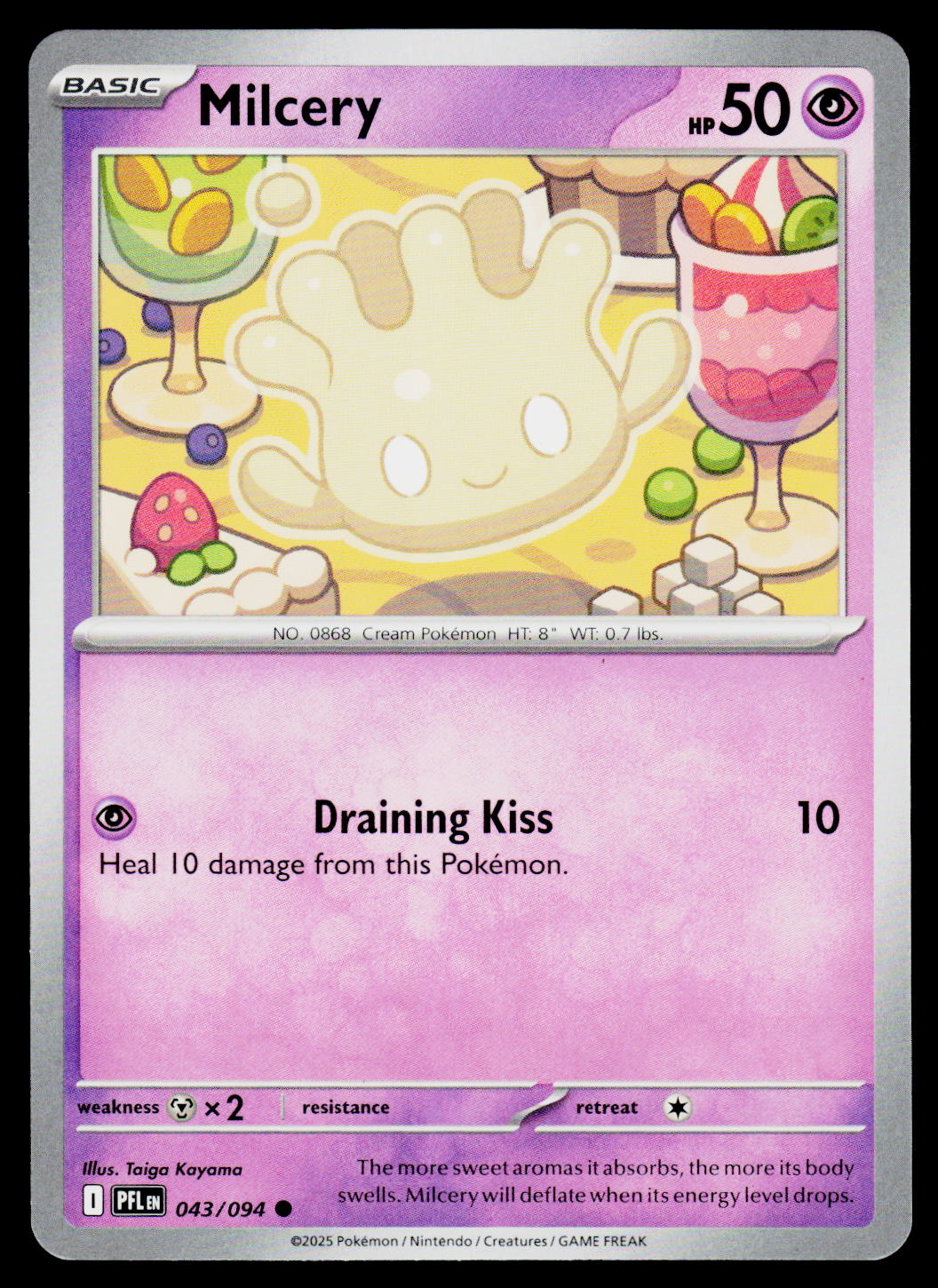 A single Pokémon trading card for Milcery, shown straight-on against a dark background. The card is predominantly light purple/lavender with a central illustration of a cream-colored body and colorful drink imagery.