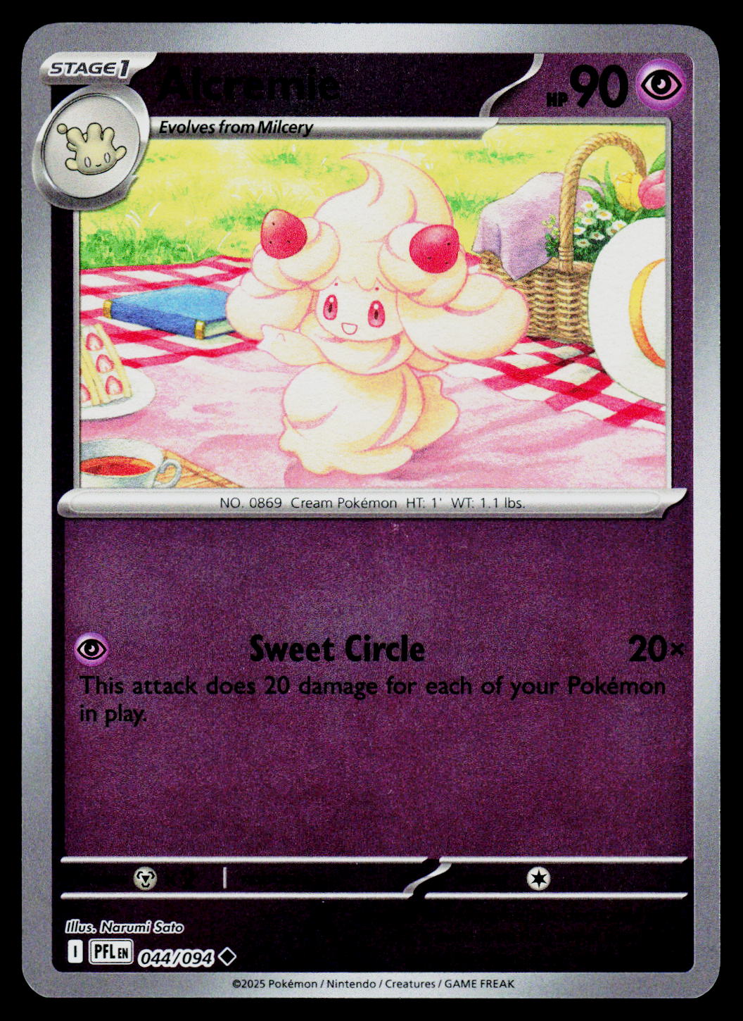 A single Pokémon trading card featuring the character Alorimble, with a purple lower text area, a picnic illustration in the center, and a dark border around the card.