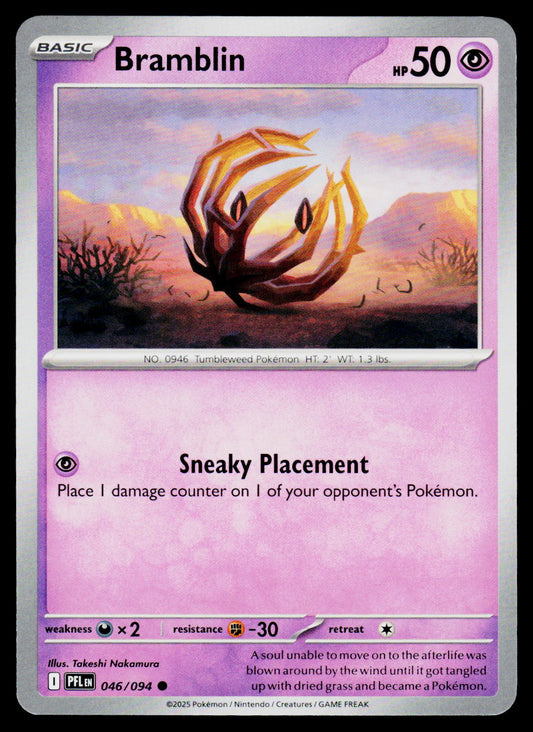 A single Pokémon trading card featuring Bramblin, a Fire-type starter. The card has a purple and pink gradient background with the character's name at the top and its fire-breathing illustration in the center.