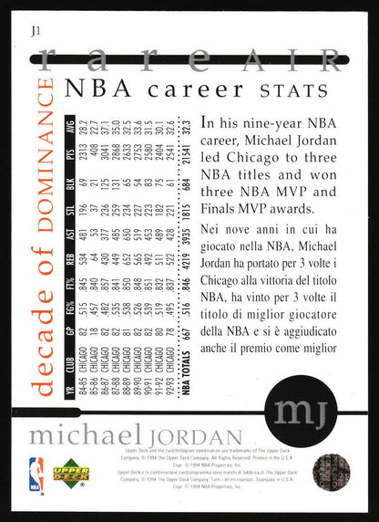 1994-95 Collector's Choice #J1 Michael Jordan Rare Air Decade of Dominance