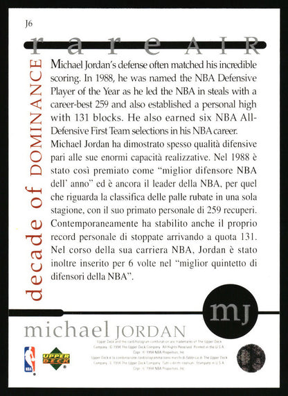 1994-95 Collector's Choice #J6 Michael Jordan Rare Air Decade of Dominance