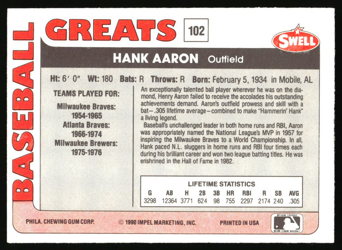 1991 Swell Baseball Greats #102 Hank Aaron