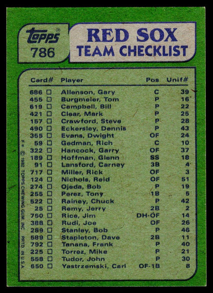 1982 Topps #786 Red Sox Leaders / Checklist (Carney Lansford / Mike Torrez)